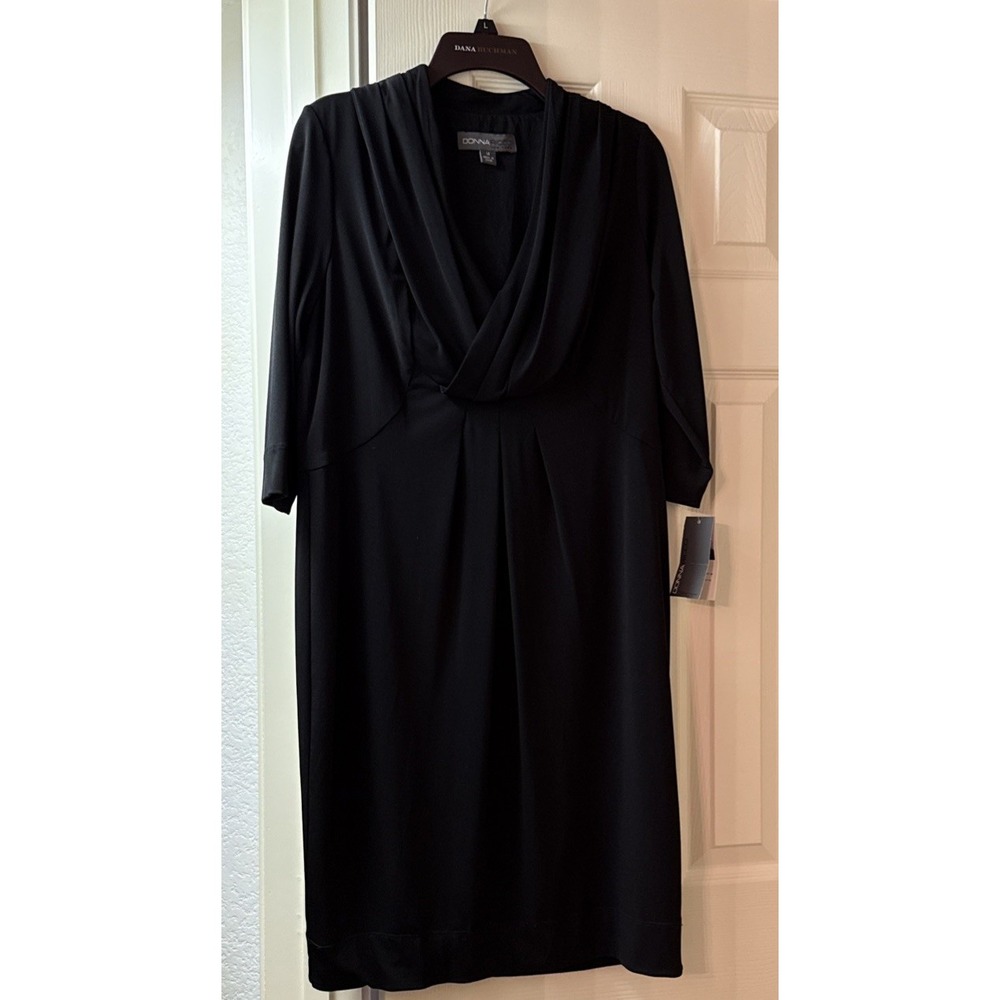 Donna Ricco Black Cowl Neck 3/4 Sleeve Knee Length Sheath Dress Womens 14 NWT